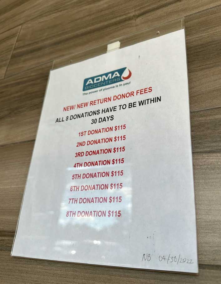 How Much Does ADMA Biocenters Pay for plasma?